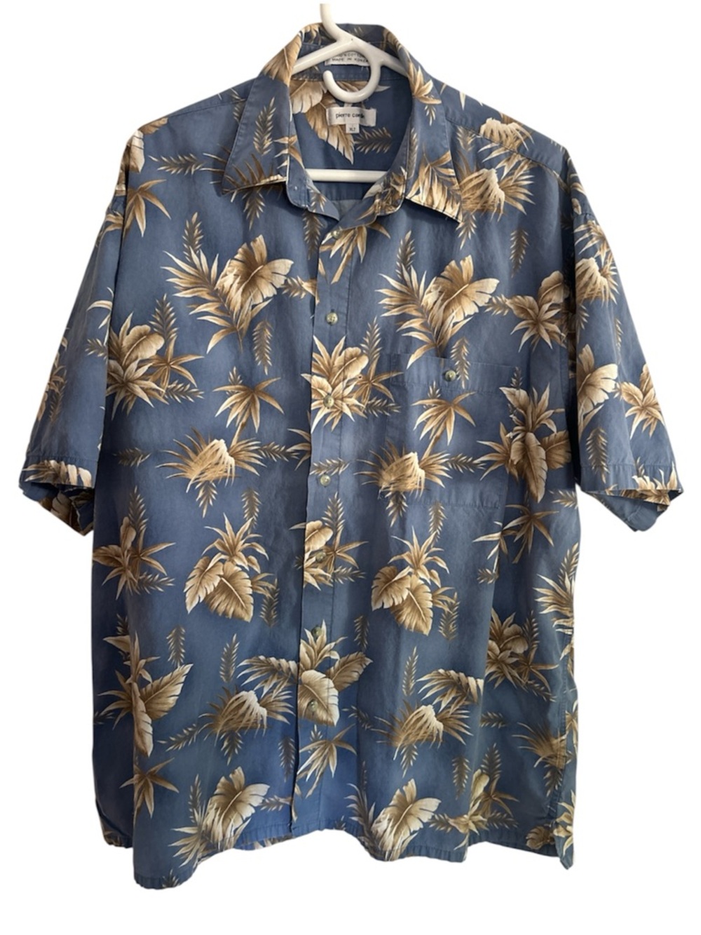 Vintage Pierre Cardin Men's Blue and Tan Hawaiian Camp Collar Shirt Size XLT